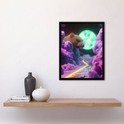 Artery8 Sci Fi Fantasy Landscape Large Rat Neon Moon Framed Art Print in Pink - Size: A4 - thumbnail 4
