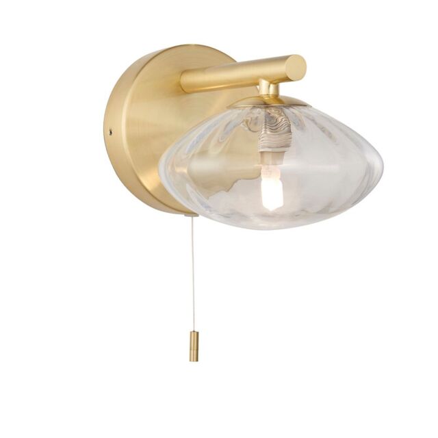 Loops Satin Brass Bathroom Wall Light & Ribbed Glass Shade - IP44 Rated Modern Sconce in Clear - image 1