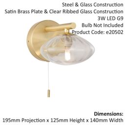Loops Satin Brass Bathroom Wall Light & Ribbed Glass Shade - IP44 Rated Modern Sconce in Clear - thumbnail 2