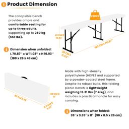 Novecrafto Durable 6ft Folding Bench Seat - Portable Plastic Bench with Convenient Carry Handle for Garden, Picnic, Party, & Camping in White - thumbnail 4
