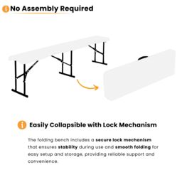 Novecrafto Durable 6ft Folding Bench Seat - Portable Plastic Bench with Convenient Carry Handle for Garden, Picnic, Party, & Camping in White - thumbnail 5