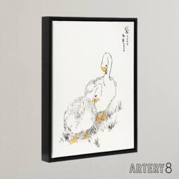 "Artery8 Two White Geese Japanese Framed Canvas Wall Art Print Kashu - Size: W12"" x H16""" - thumbnail 2