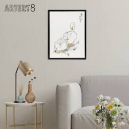 "Artery8 Two White Geese Japanese Framed Canvas Wall Art Print Kashu - Size: W12"" x H16""" - thumbnail 3
