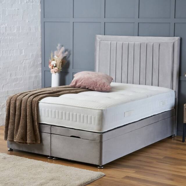 "BSSPOKE Canes Ottoman Divan Bed Plush Velvet 54"" Headboard & No Mattress in Silver - Size: Double" - image 1