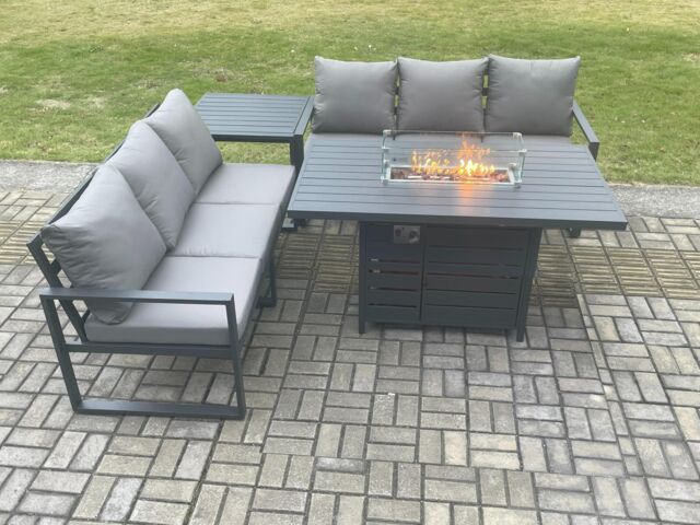 Fimous Aluminium 6 Seater Outdoor Garden Furniture Lounge Sofa Set Gas Fire Pit Dining Table with Side Table in Dark Grey - image 1
