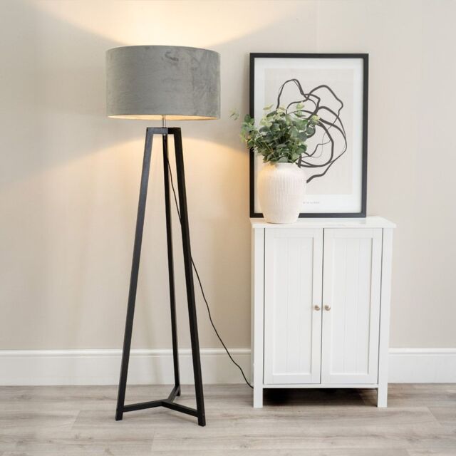 ValueLights Lottie Black Wood Tripod Floor Lamp with Velvet Drum Shade & LED Bulb in Grey - image 1
