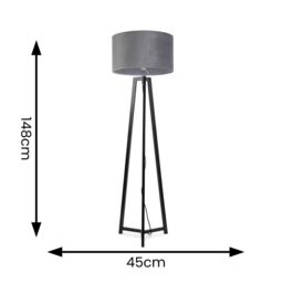 ValueLights Lottie Black Wood Tripod Floor Lamp with Velvet Drum Shade & LED Bulb in Grey - thumbnail 4