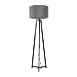 ValueLights Lottie Black Wood Tripod Floor Lamp with Velvet Drum Shade & LED Bulb in Grey - thumbnail 2