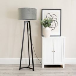 ValueLights Lottie Black Wood Tripod Floor Lamp with Velvet Drum Shade & LED Bulb in Grey - thumbnail 3