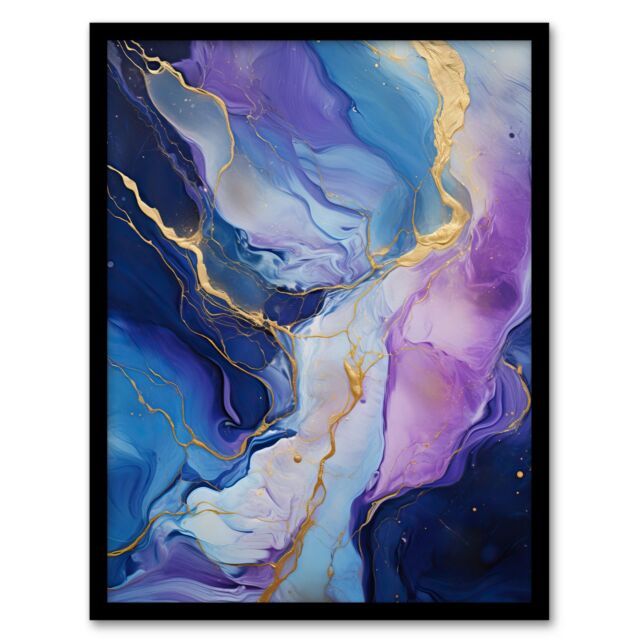 "Artery8 Wall Art Print Purple Gold Blue Fluid Stone Crystal Abstract Artwork Painting Art Framed in Black - Size: W12"" x H16""" - image 1