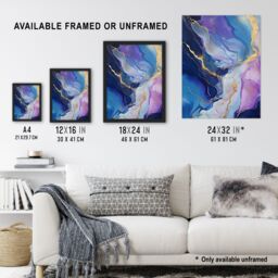 "Artery8 Wall Art Print Purple Gold Blue Fluid Stone Crystal Abstract Artwork Painting Art Framed in Black - Size: W12"" x H16""" - thumbnail 3