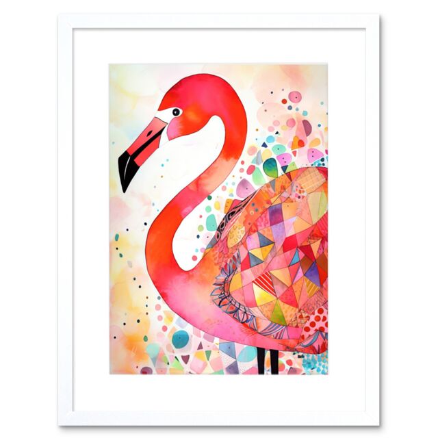 "Artery8 Wall Art Print Flamingo Bird With Patterns Folk Art Watercolour Painting Artwork Framed 9X7 Inch in White - Size: W7"" x H9""" - image 1