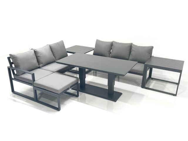 Fimous 7 Seater Aluminium Outdoor Garden Furniture Set with Adjustable Rising Lifting Dining Table 3 Seater Sofa Big Footstool 2 Side Tables Dark Grey - image 1