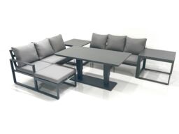 Fimous 7 Seater Aluminium Outdoor Garden Furniture Set with Adjustable Rising Lifting Dining Table 3 Seater Sofa Big Footstool 2 Side Tables Dark Grey - thumbnail 2