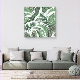 "Warren Reed - Designer Trendy Tropical Leaves Canvas in Green - Size: W16"" x H16""" - thumbnail 4
