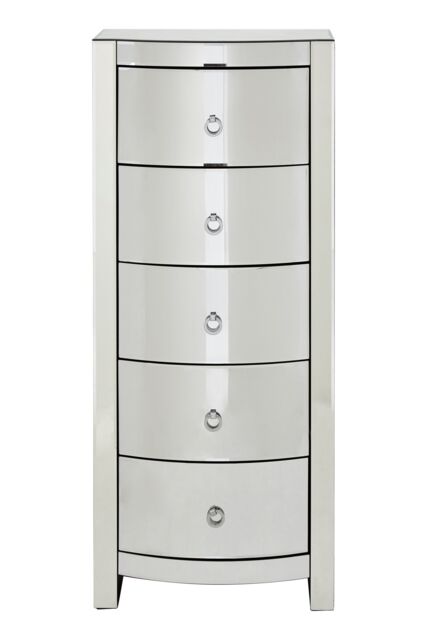 Orsina Bevelled Curved Tall Boy Drawers, Mirrored Glass Finish, Ample Storage 5 Drawer Tall Chest, Delivered Fully Assembled in Silver - image 1