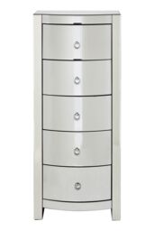 Orsina Bevelled Curved Tall Boy Drawers, Mirrored Glass Finish, Ample Storage 5 Drawer Tall Chest, Delivered Fully Assembled in Silver - thumbnail 1