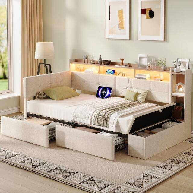 Merax 3ft Single Corner Daybed with Ottoman, LED & Charging Station in Beige - image 1