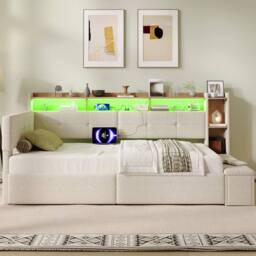 Merax 3ft Single Corner Daybed with Ottoman, LED & Charging Station in Beige - thumbnail 5