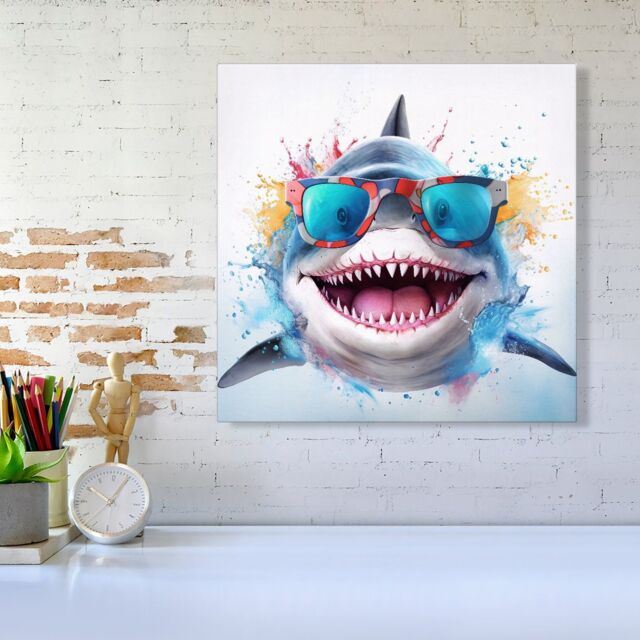 "Warren Reed - Designer Splashart Shark In Glasses Canvas - Size: W16"" x H16""" - image 1