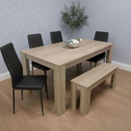 KOSY KOALA Oak Effect Dining Table Set With 4 Black Chairs & Bench Dining Room Furniture in Beige - thumbnail 1