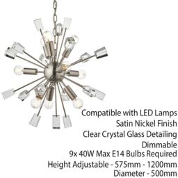 Loops Multi Light Hanging Ceiling Pendant Satin Nickel & Crystal Feature Star Rod Lamp in Metallics - thumbnail 2