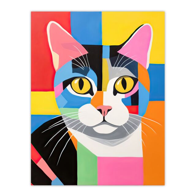 "Artery8 Wall Art Print Abstract Tabby Cat Oil Painting Vibrant Geometric Fun Pet Portrait Poster - Size: W18"" x H24""" - image 1