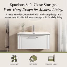 Balterley Wall Hung 1 Drawer Vanity Unit - Curved Basin 800mm, Satin White - thumbnail 3