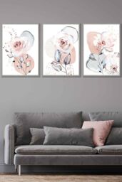 ARTZE Set of 3 Light Grey Framed Abstract Blush Pink Botanical Wall Art in Light Pink - Size: W33 cm x H45 cm x D20mm
