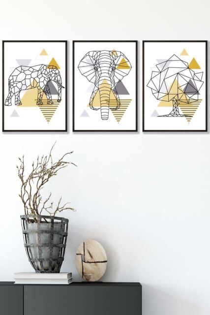 ARTZE Geometric Line Art Yellow Elephant Tree Set Framed Wall Art - Medium in Black - Size: W45 cm x H62 cm x D20mm - image 1
