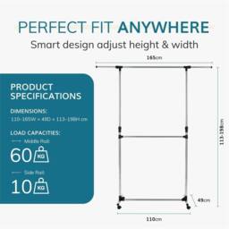 EONLION Chrome Clothing Rack with Extendable Top Rail in Silver - Size: 500mm - thumbnail 2