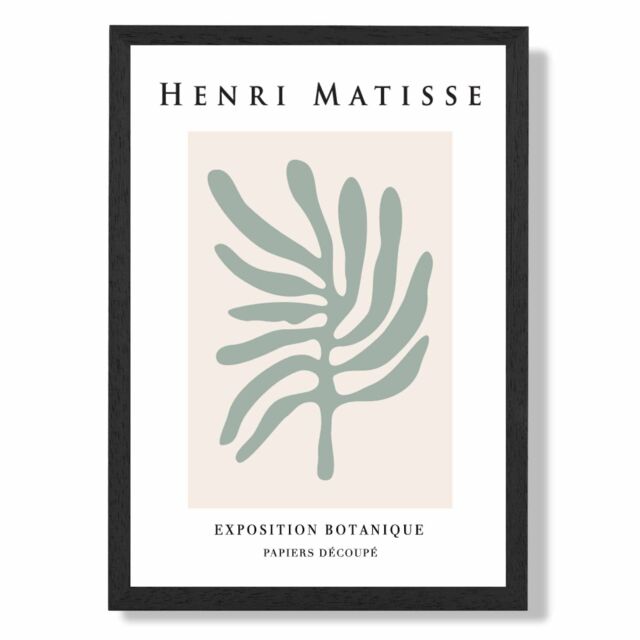 ARTZE Matisse Leaf Sage Green & Beige Exhibition Framed Print SIZE: A2 with Black Frame in Pale Green - Size: A4 - image 1