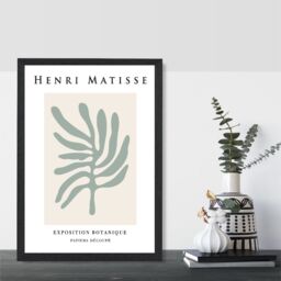 ARTZE Matisse Leaf Sage Green & Beige Exhibition Framed Print SIZE: A2 with Black Frame in Pale Green - Size: A4 - thumbnail 2