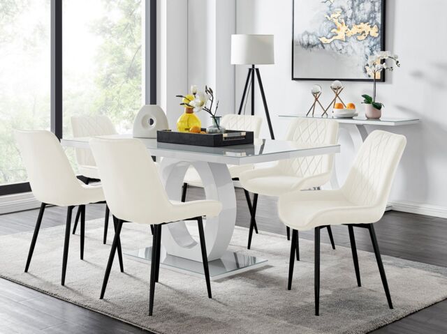 FurnitureboxUK Giovani 6-Seater Grey Glass Dining Table & 6 Pesaro Soft Velvet Dining Chairs in Cream - image 1