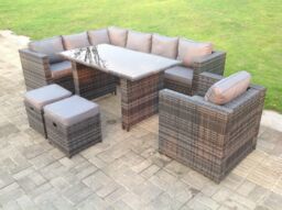 Fimous Outdoor Lounge Rattan Corner Sofa Set Garden Furniture Rectangular Dining Table Chair 8 Seater in Dark Grey - thumbnail 1