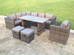 Fimous Outdoor Lounge Rattan Corner Sofa Set Garden Furniture Rectangular Dining Table Chair 8 Seater in Dark Grey - thumbnail 2