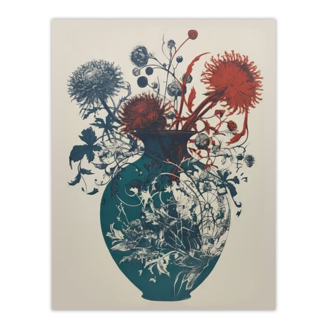 Artery8 Wall Art Print Abstract Thistle Flowers Artistic Linocut Painting Teal Blue Red Scottish Bouquet Nature Colourful Bright Floral Modern - image 1
