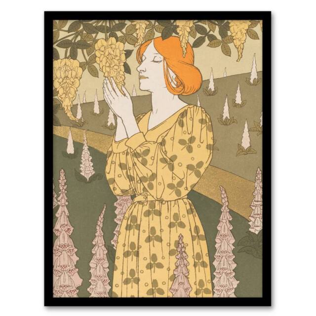 Artery8 Laburnum & Foxglove Vintage Floral Framed Wall Art Print Verneuil in Khaki - Size: A4 - image 1