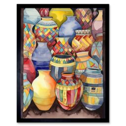 "Artery8 Wall Art Print Glazed Ceramic Pot Vases Folk Art Framed in Black - Size: W12"" x H16""" - thumbnail 1