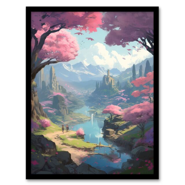 Artery8 Wall Art Print Cherry Blossoms by River Bright Painting Springtime Blooming Pink Trees in Coastal Fishing Village Landscape Art Framed - image 1