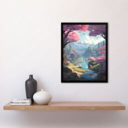 Artery8 Wall Art Print Cherry Blossoms by River Bright Painting Springtime Blooming Pink Trees in Coastal Fishing Village Landscape Art Framed - thumbnail 4