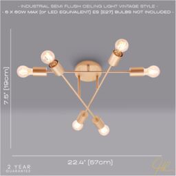Happy Homewares Industrial Designer Styled Ceiling Light with Straight Metal Arms in Gold - thumbnail 6