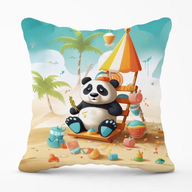 Warren Reed - Designer Happy Panda On A Beach Holiday Outdoor Cushion in Yellow - Size: 45 cm x 45 cm - image 1