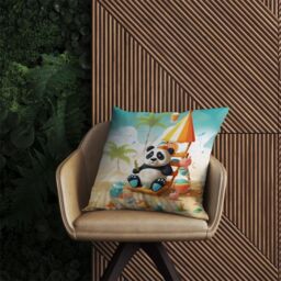 Warren Reed - Designer Happy Panda On A Beach Holiday Outdoor Cushion in Yellow - Size: 45 cm x 45 cm - thumbnail 2