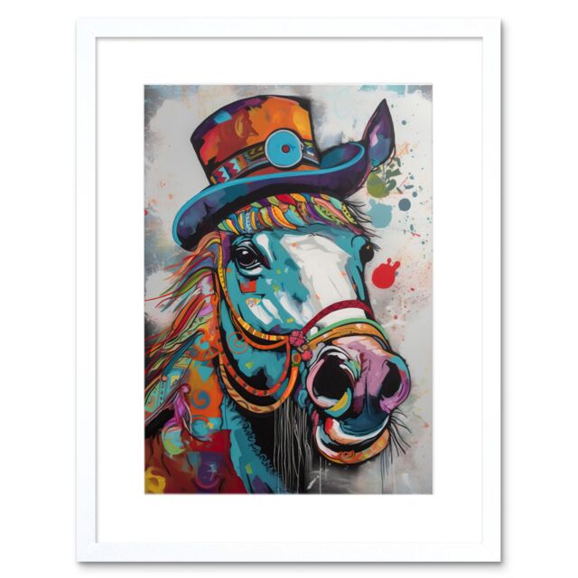 "Artery8 Wall Art Print Horse Hippie in Multicoloured Bridles & Top Hat Artwork Framed 9X7 Inch in White - Size: W7"" x H9""" - image 1