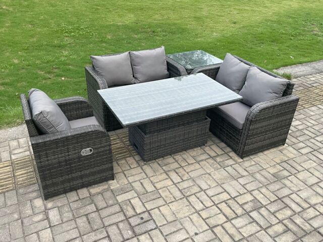Fimous Rattan Furniture Garden Dining Set Outdoor Height Adjustable Rising lifting Table Love Sofa Chair With Side Table in Dark Grey - image 1