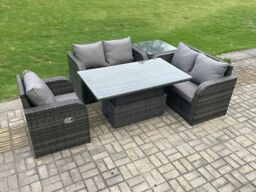 Fimous Rattan Furniture Garden Dining Set Outdoor Height Adjustable Rising lifting Table Love Sofa Chair With Side Table in Dark Grey - thumbnail 1