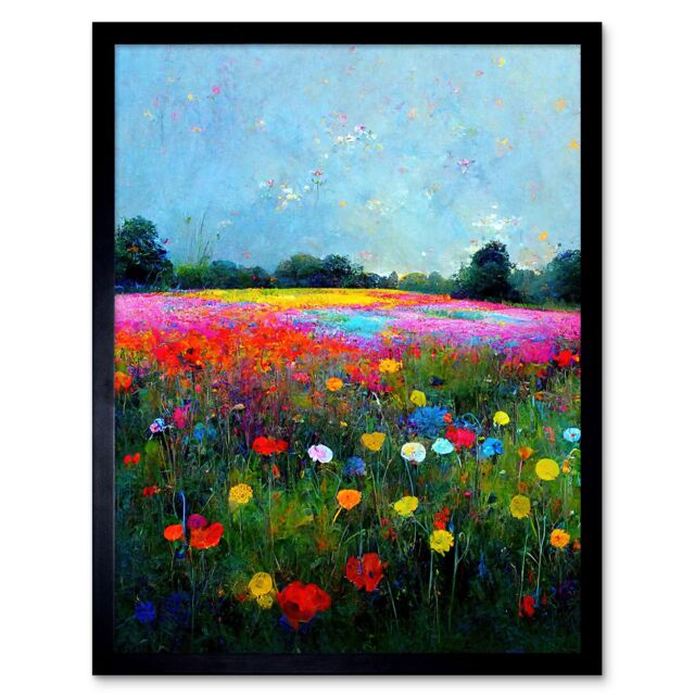 "Artery8 Wall Art Print Delicate Wildflower Meadow Abstract Colourful Modern Art Framed in Black - Size: W12"" x H16""" - image 1