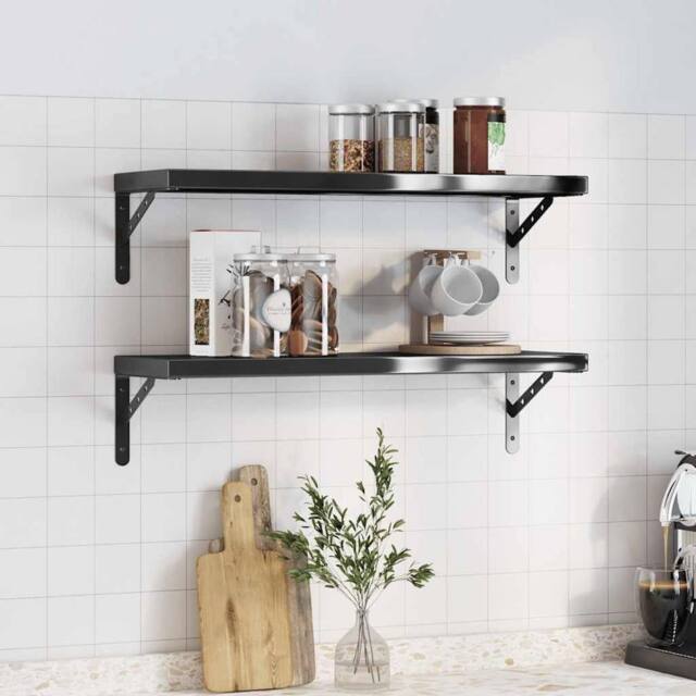 Berkfield Home Wall Shelves 2 pcs 75x23.5x3 cm Black Stainless Steel - image 1