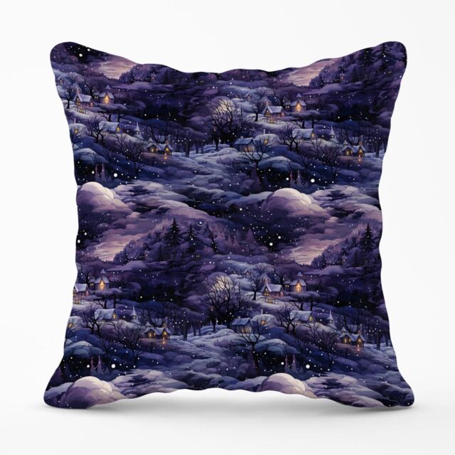 Warren Reed - Designer Snowy Christmas Village On A Starry Night Outdoor Cushion in Blue - Size: 45 cm x 45 cm - image 1